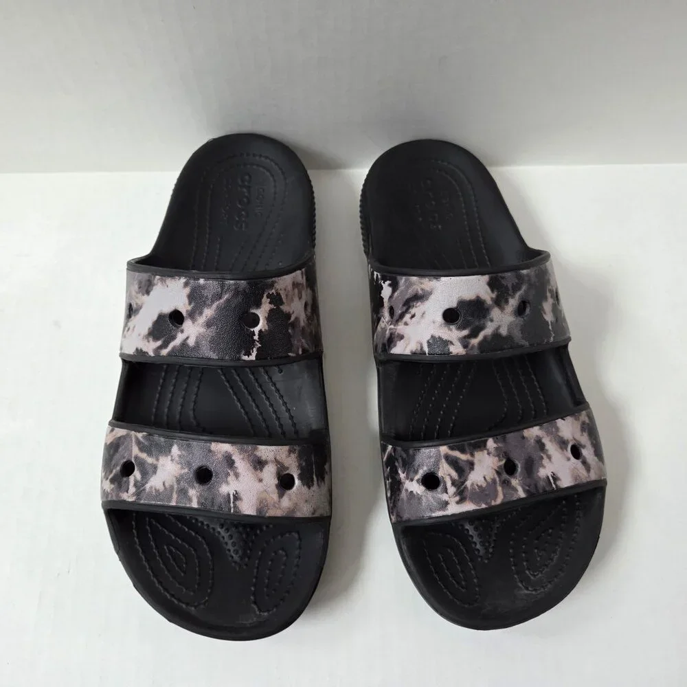 Crocs Shoes Mens 10 Black Tie Dye Double Strap Slides Comfort Beach